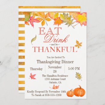 Eat Drink Thankful Fall Leaves Thanksgiving Dinner Invitation by DesignsActual at Zazzle