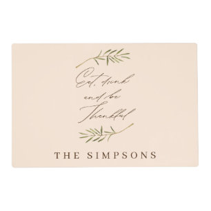 Eat Drink Thankful Watercolor Family Thanksgiving Placemat