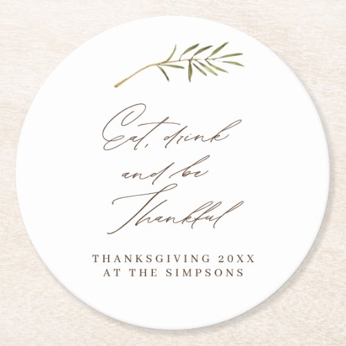 Eat Drink Thankful Watercolor Thanksgiving Family Round Paper Coaster