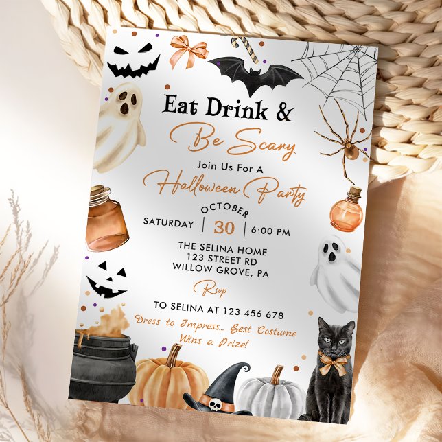 Eat Drinks & Be Scary  Halloween Party Pumpkin Invitation (Creator Uploaded)