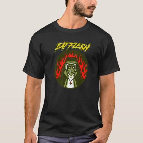 Eat Flesh Zombie Nun Halloween Vintage Horror T_Shirt