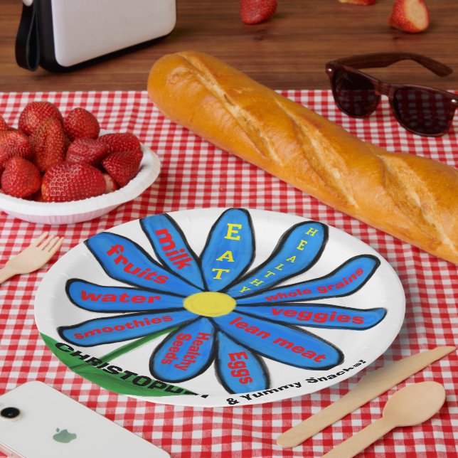Eat Healthy Blue Daisy Floral Kids NAME Paper Plates (Picnic)