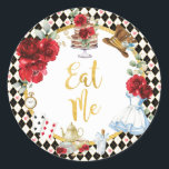 EAT ME Alice in Wonderland Tea Party Favors Classic Round Sticker<br><div class="desc">Alice in Wonderland themed stickers in black,  red and gold</div>