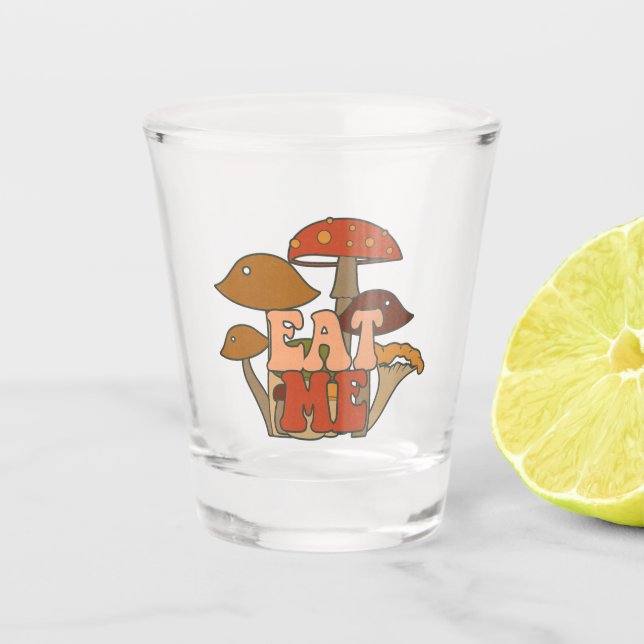 "Eat Me" – Whimsical Mushroom Design Shot Glass (Front)