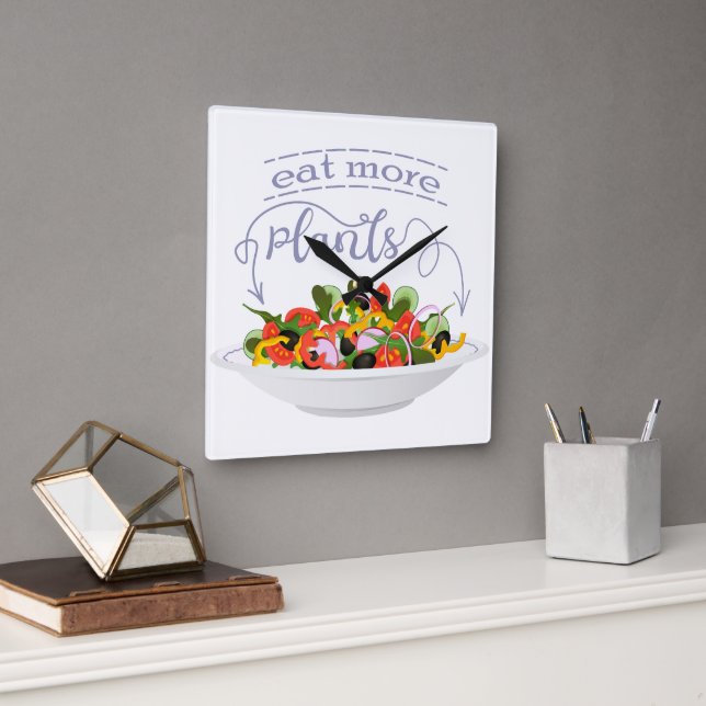 Eat more plants fresh salad motivation lettering square wall clock (Office)