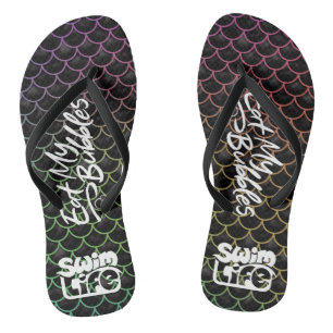 "Eat My Bubbles" Black/Rainbow scales Swim Life Flip Flops