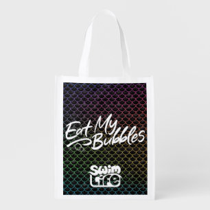 "Eat My Bubbles" Black/Rainbow scales Swim Life Grocery Bag