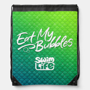 "Eat My Bubbles" Green/Teal scales Swim Life Drawstring Bag