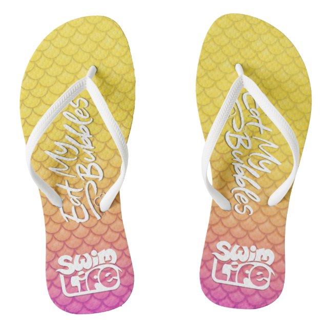 "Eat My Bubbles" Yellow/Pink scales Swim Life Flip Flops (Footbed)
