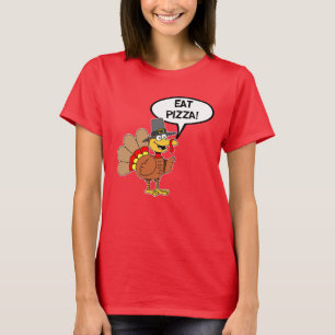 Eat Pizza Thanksgiving Turkey Pilgrim Cartoon T-Shirt