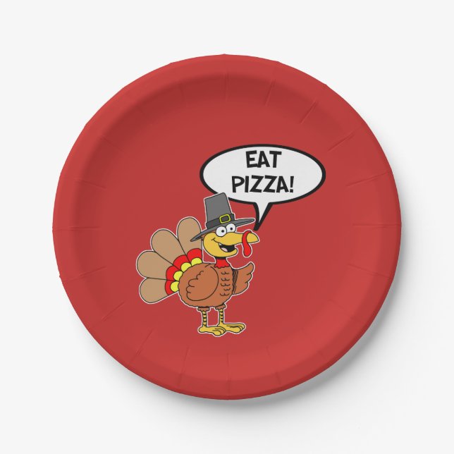 Eat Pizza Turkey Pilgrim Hat Thanksgiving Paper Plates (Front)