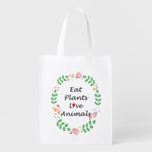 eat plants love animals vegan white grocery bag