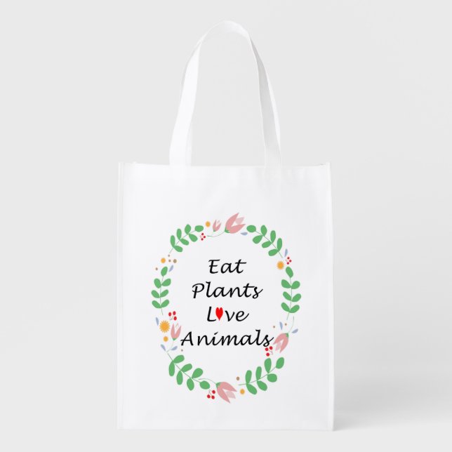 eat plants love animals vegan white grocery bag (Front)