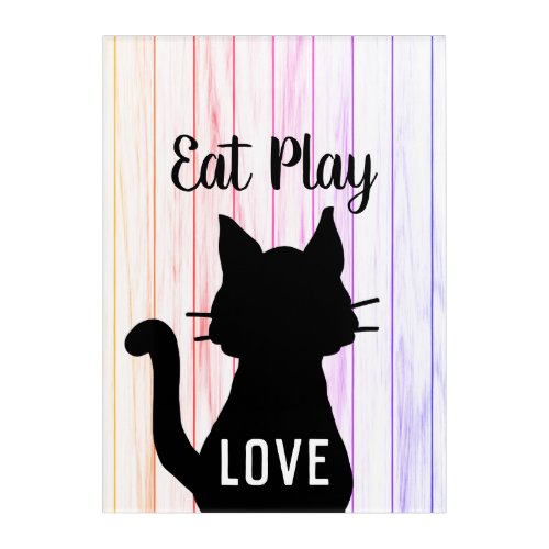 Eat Play Love Black Cat Silhouette on Rustic Wood Acrylic Print