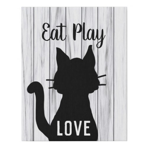Eat Play Love Black Cat Silhouette on Rustic Wood Faux Canvas Print