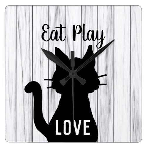 Eat Play Love Black Cat Silhouette on Rustic Wood Square Wall Clock