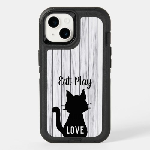 Eat Play Love Black Cat Silhouette Rustic Wood OtterBox iPhone 14 Case