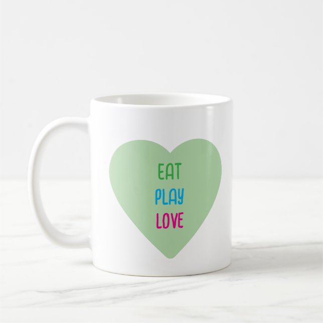 Eat Play Love – Cute Pastel Heart Coffee Mug (Left)