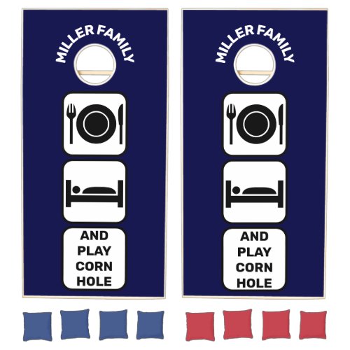 Eat sleep and play cornhole navy blue cornhole set