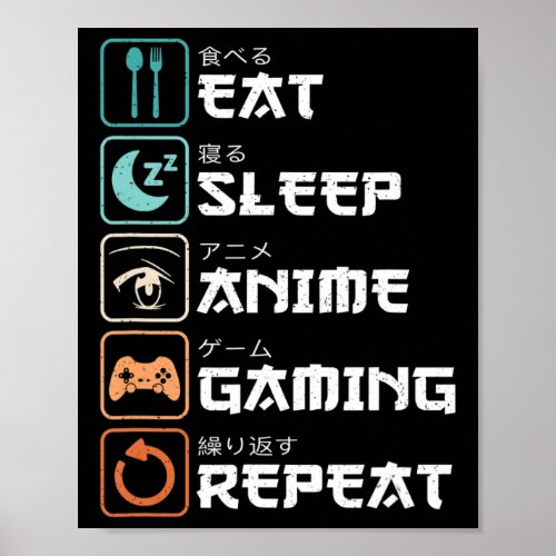 Eat Sleep Anime Gaming Repeat Fun Otaku Gamer  Poster