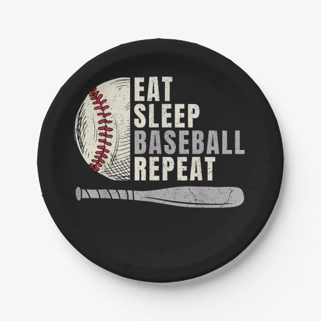 Eat Sleep Baseball Repeat Funny Baseball Player  Paper Plates (Front)