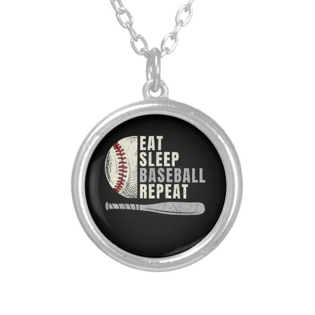 Eat Sleep Baseball Repeat Funny Baseball Player  Silver Plated Necklace (Front)