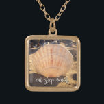 Eat Sleep Beach Quote Script Modern Seashell Photo Gold Plated Necklace<br><div class="desc">“Eat, sleep, beach.” It’s a way of life. The late afternoon light makes this seashell on a Southern California beach seem luminous. Relax and travel back to your vacation beach days whenever you wear this stunning, beautiful photo charm necklace. This square shaped necklace comes in small, medium and large sizes....</div>