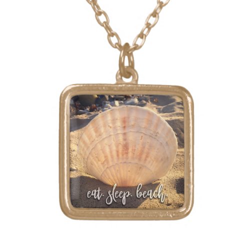 Eat Sleep Beach Quote Script Modern Seashell Photo Gold Plated Necklace