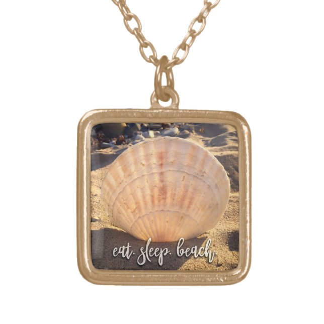 Eat Sleep Beach Quote Script Modern Seashell Photo Gold Plated Necklace (Front)