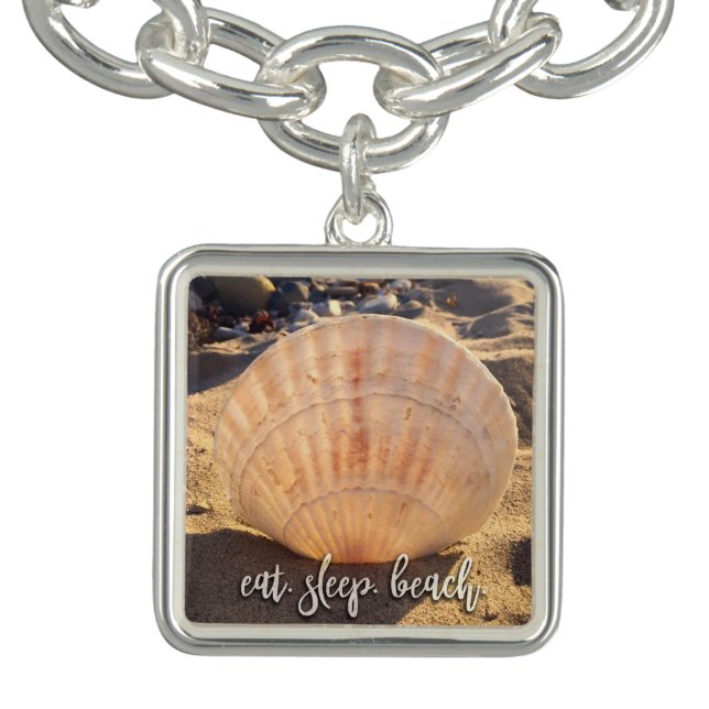 Eat Sleep Beach Quote Script Ocean Seashell Photo Bracelet (Design)