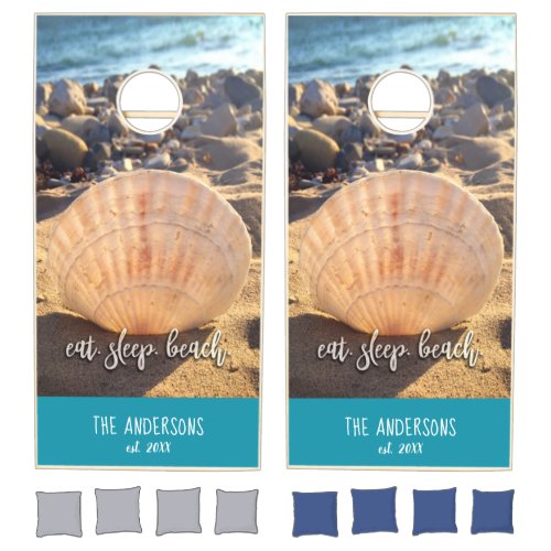 Eat Sleep Beach Script Coastal Ocean Seashell Name Cornhole Set