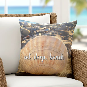 Eat Sleep Beach Script Ocean Seashell Photography Throw Pillow