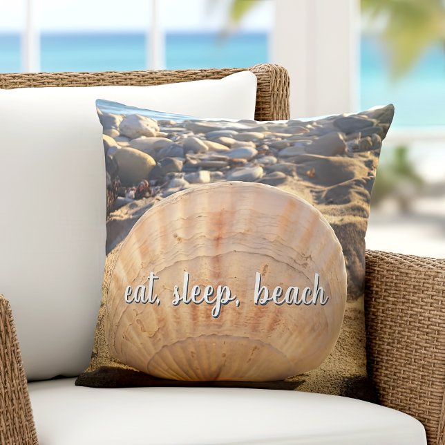 Eat Sleep Beach Script Ocean Seashell Photography Throw Pillow (Creator Uploaded)