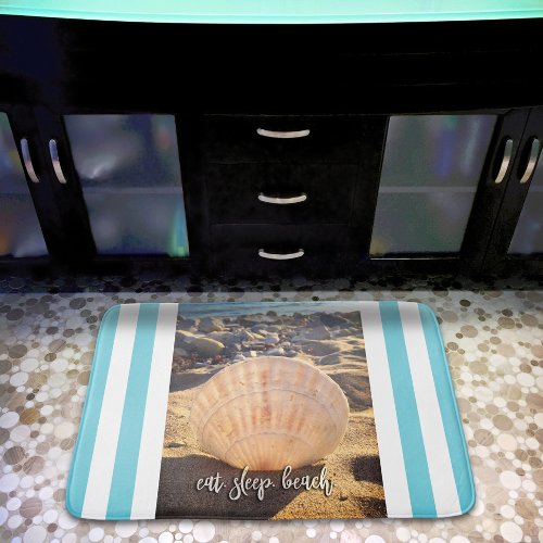 Eat Sleep Beach Script Seashell Turquoise Stripes Bath Mat
