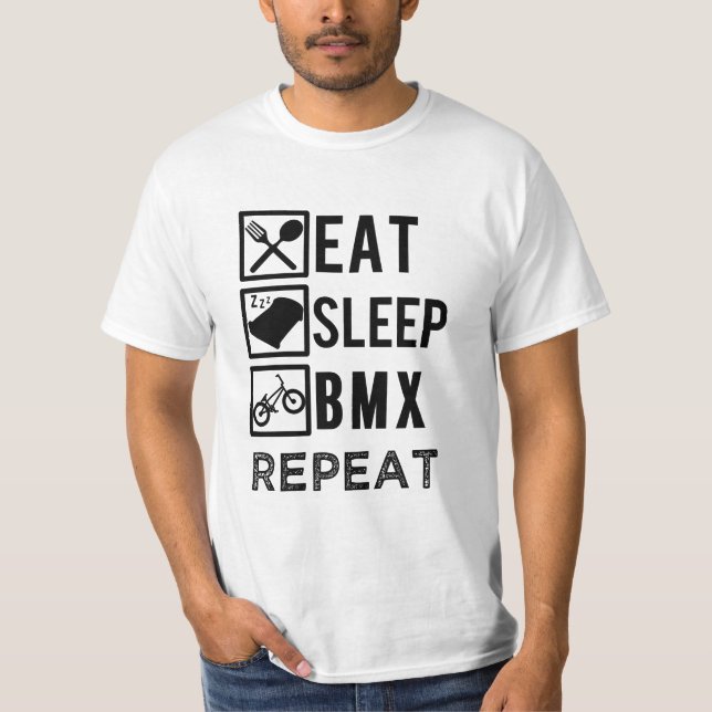 Eat Sleep BMX Repeat funny biking mens shirt (Front)