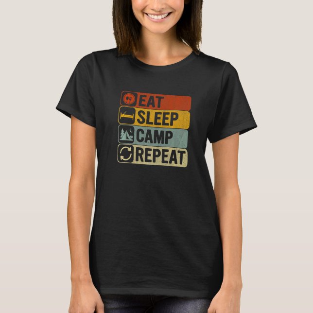 Eat Sleep Camp Repeat Retro 60s 70s Camping T-Shirt (Front)
