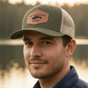 Eat Sleep Catch Walleye Funny Fishing Angler Leather Patch Hat