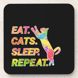 Eat, Sleep, Cats, Repeat – Colorful Cat Lover Beverage Coaster