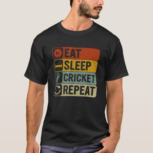 Eat Sleep Cricket Repeat Retro 60s 70s Cricket   T_Shirt