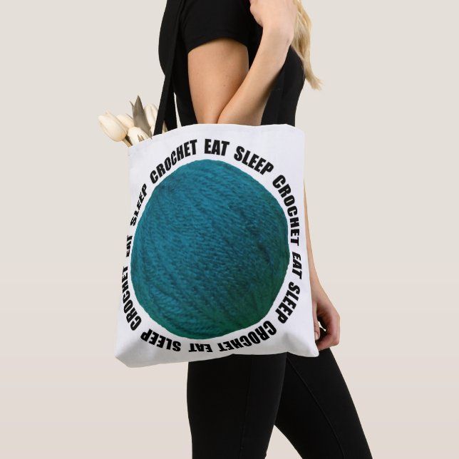 Eat Sleep Crochet Bold Yarn Ball Teal Crafts Tote Bag (Close Up)
