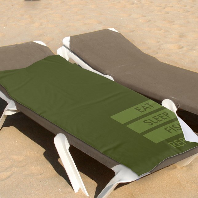 Eat Sleep Fish Repeat Army Green and Khaki Beach Towel (Creator Uploaded)