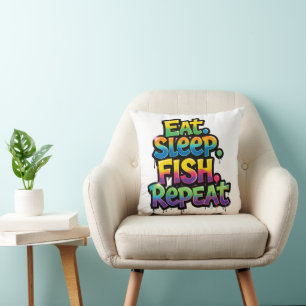 Eat Sleep Fish Repeat Rainbow Graffiti Throw Pillow