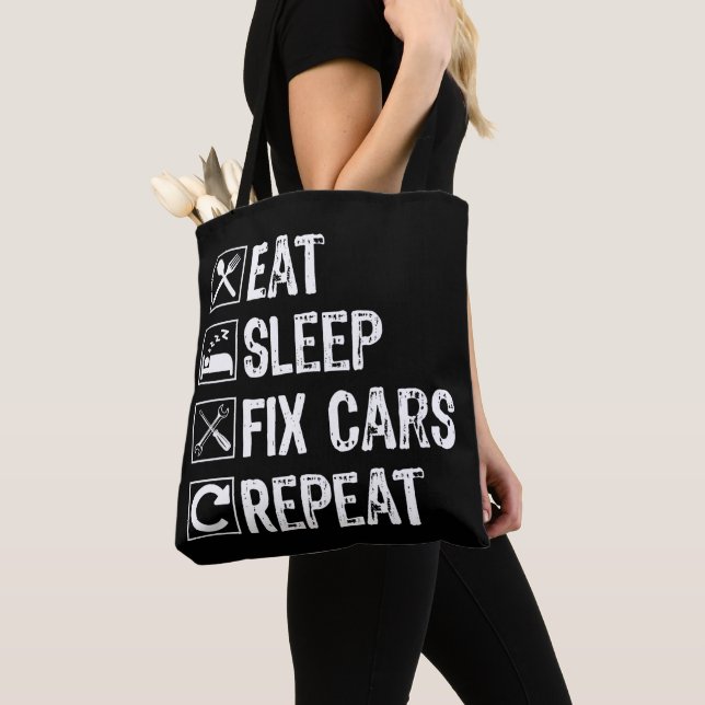 Eat Sleep Fix Cars Repeat Funny Mechanic Dad Tote Bag (Close Up)