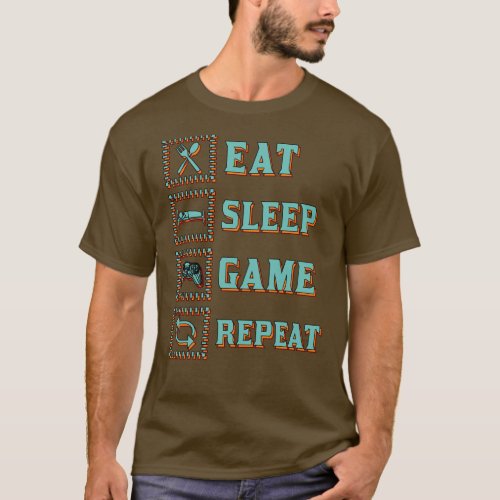 Eat Sleep Game Repeat Funny gamer blue orange T_Shirt