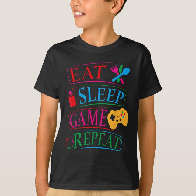 Eat Sleep Game Repeat Funny Gamer Quote Tee  (Front)