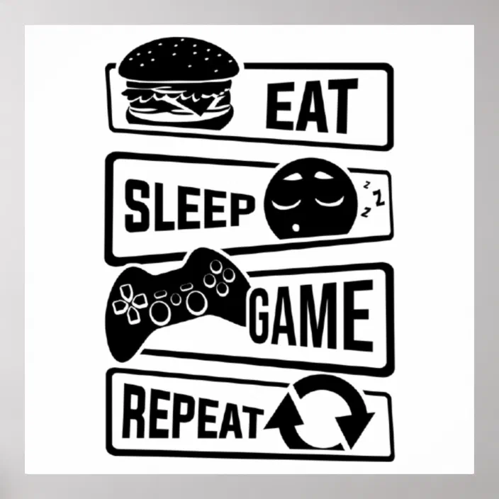 Eat Sleep Game Repeat Neon Colourful Print Kids Poster Gaming