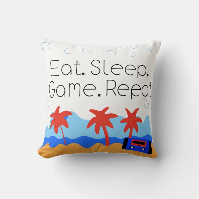 "Eat. Sleep. Game. Repeat." Retro Gaming Throw Pillow (Front)