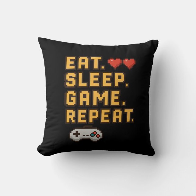 Eat Sleep Game Repeat – Retro Pixel Gaming T-Shirt Throw Pillow (Front)