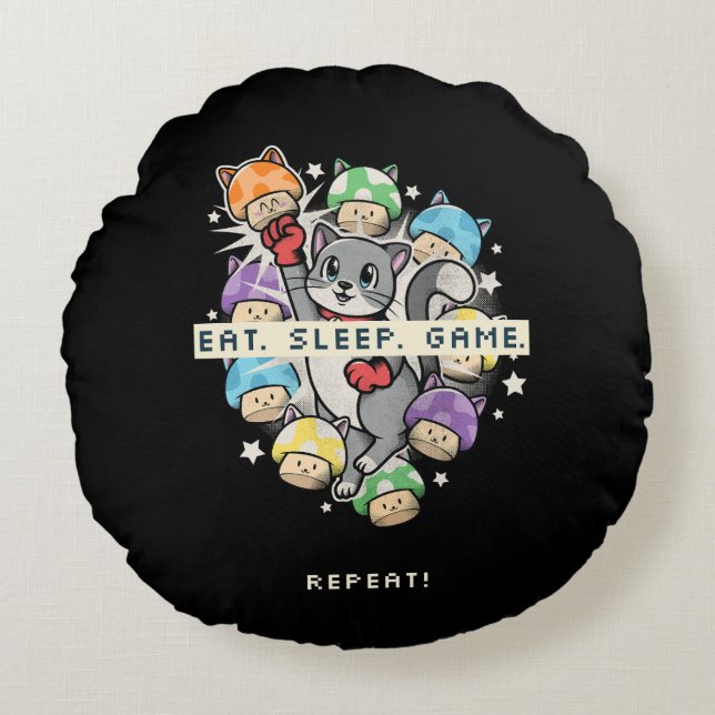 Eat, Sleep, Game, Repeat Round Pillow (Front)