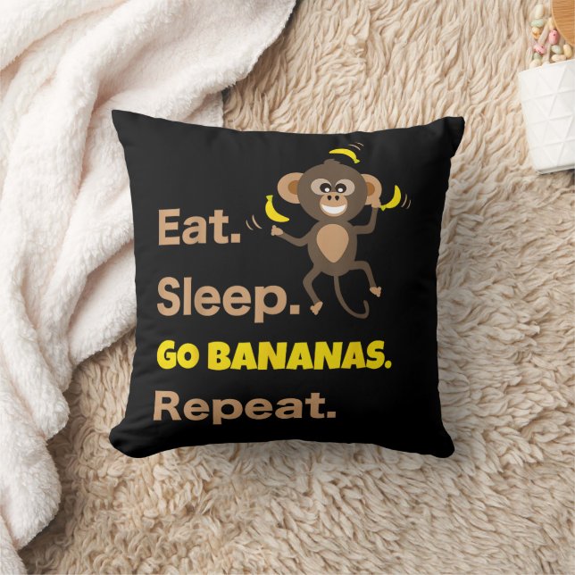 Eat Sleep Go Bananas Repeat Funny Cute Animal Monk Throw Pillow (Blanket)